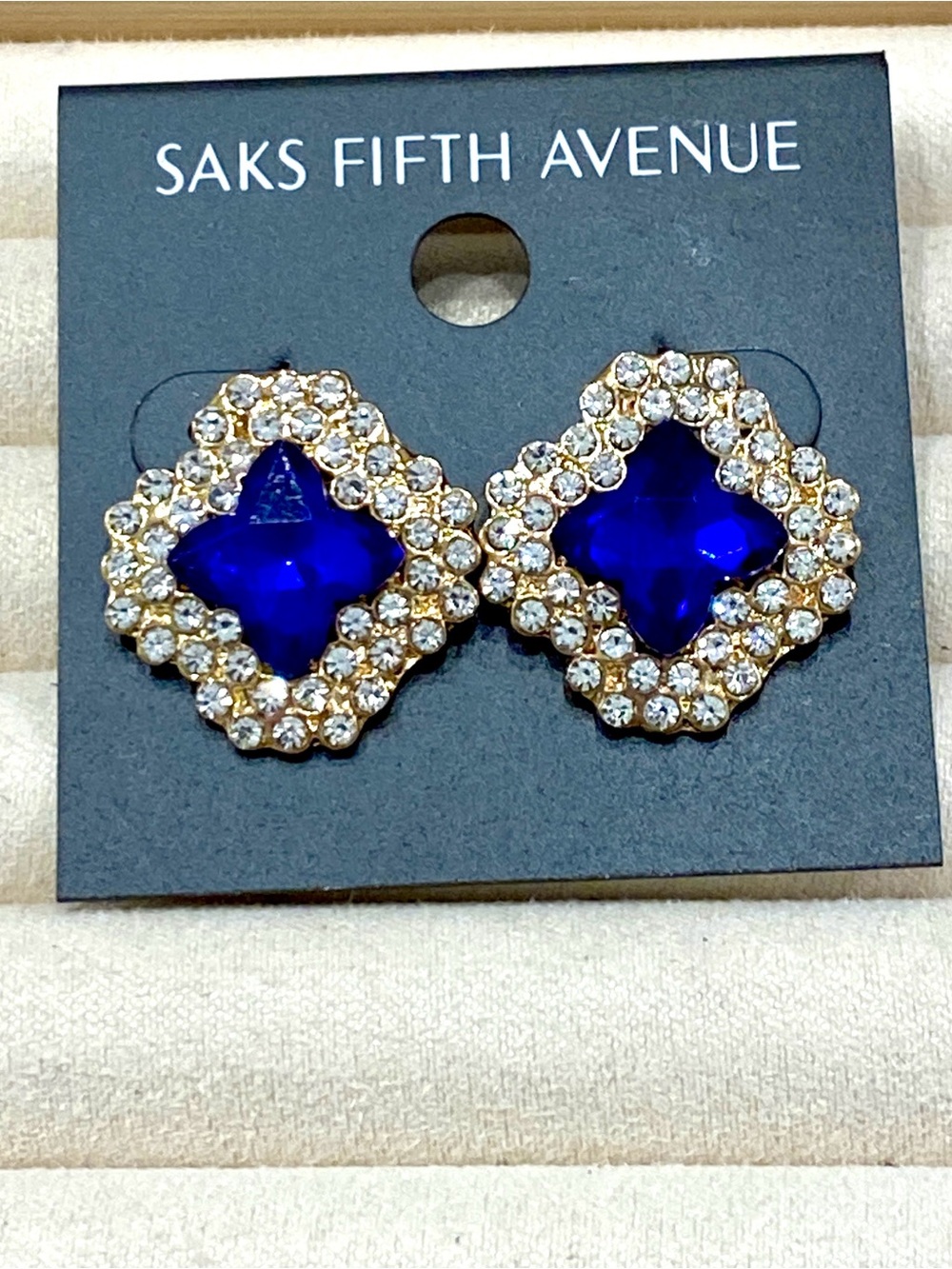 Saks Fifth Avenue Gold Cobalt Sapphire Blue Quatrefoil Rhinestone Stud Earrings